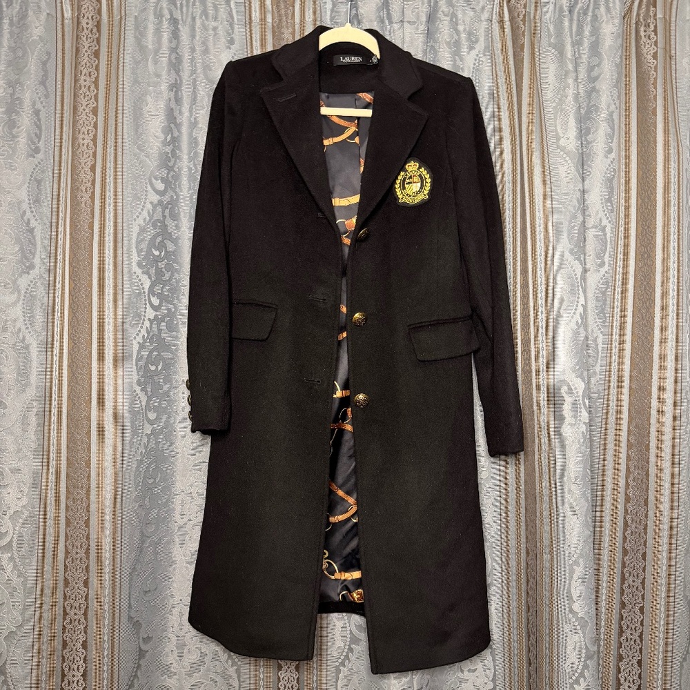 Lauren Ralph Lauren Crest-Patch Wool-Blend Coat in Black - Picture 2 of 7